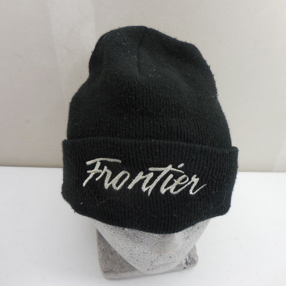 Frontier Airlines Script Black Knit Cuffed Beanie Winter Hat Mens Womens